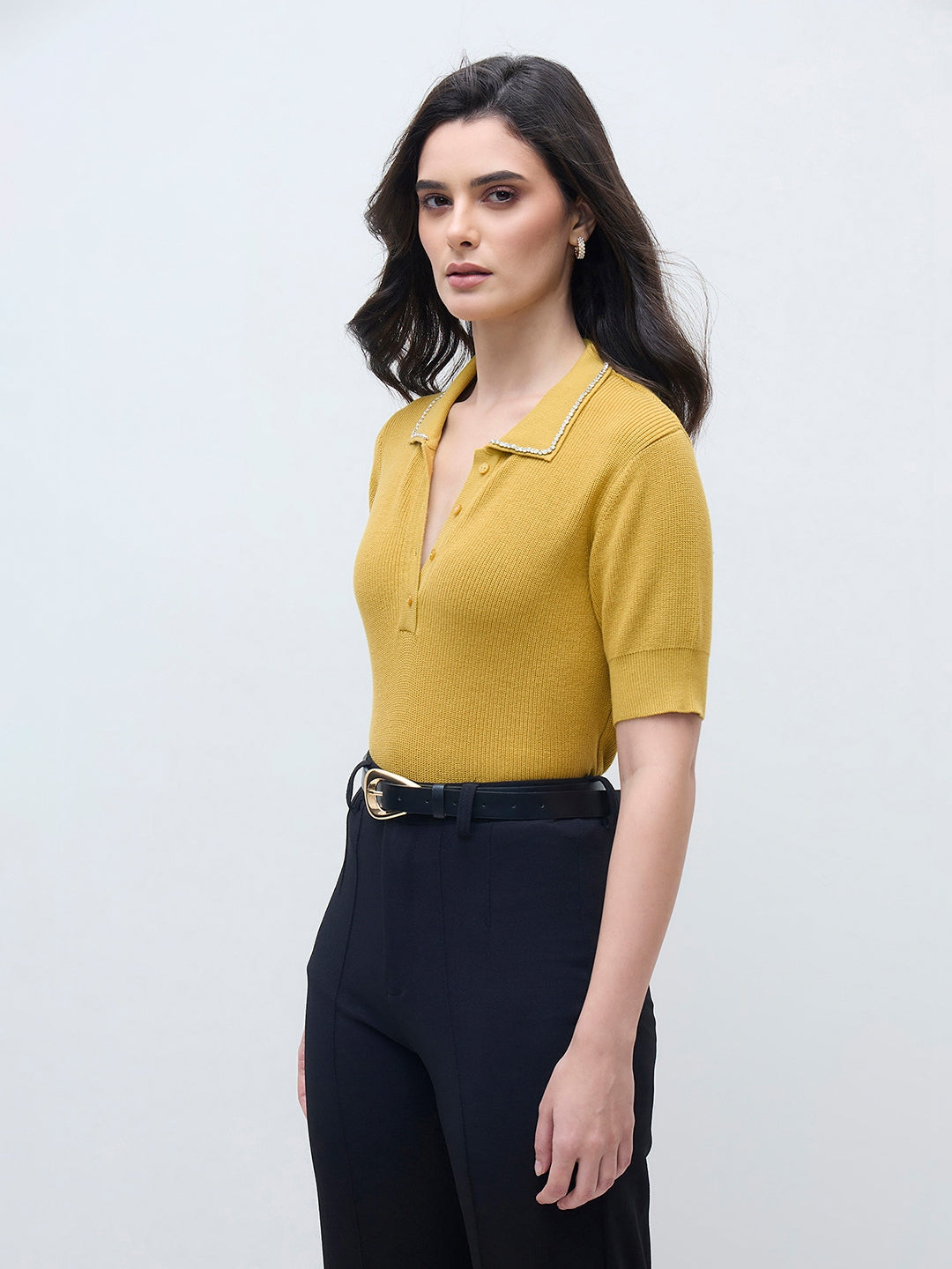 ELLE Women Yellow Solid Polo Neck T-Shirt