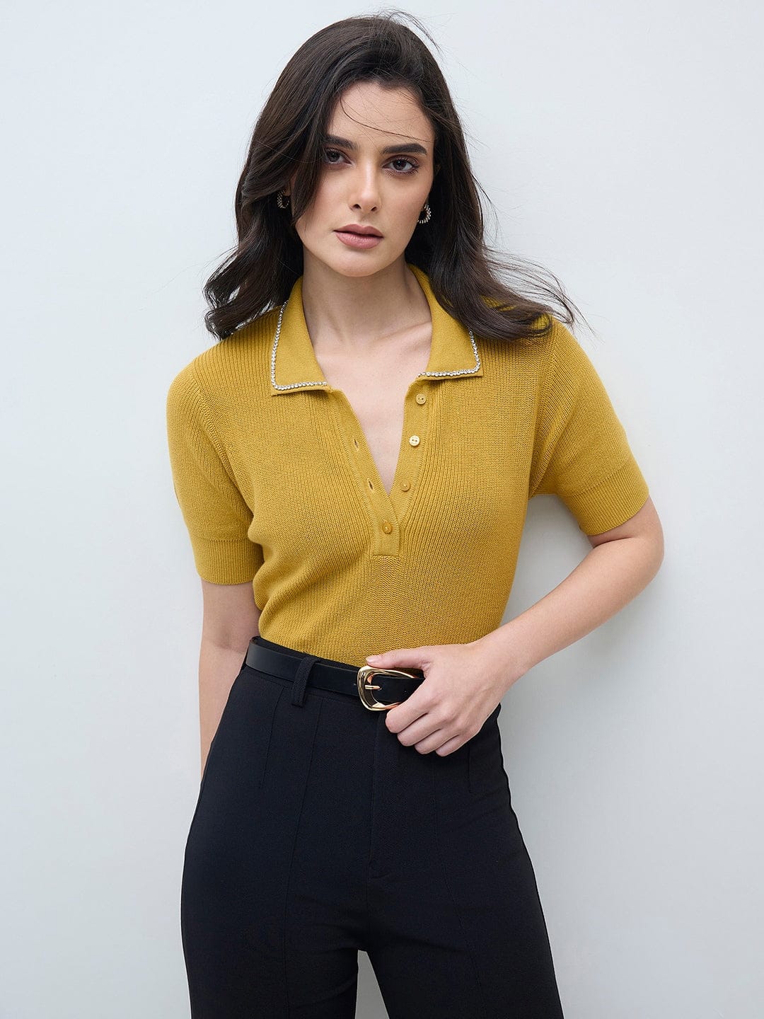 ELLE Women Yellow Solid Polo Neck T-Shirt