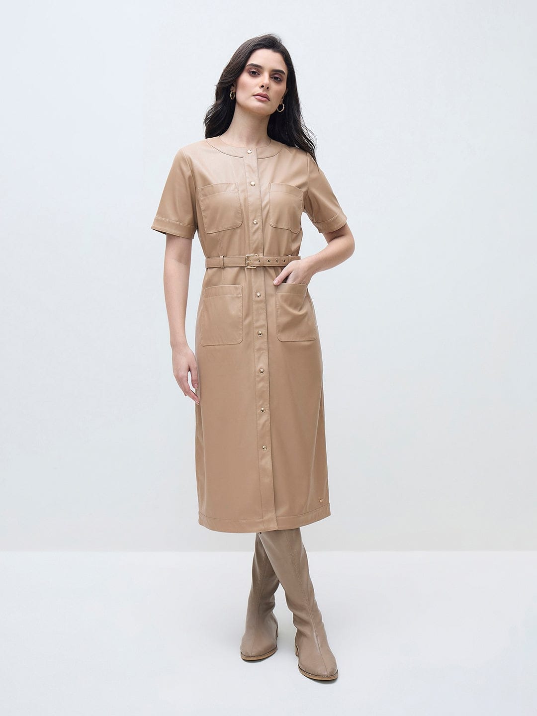 ELLE Women Beige Solid Crew Neck Dress