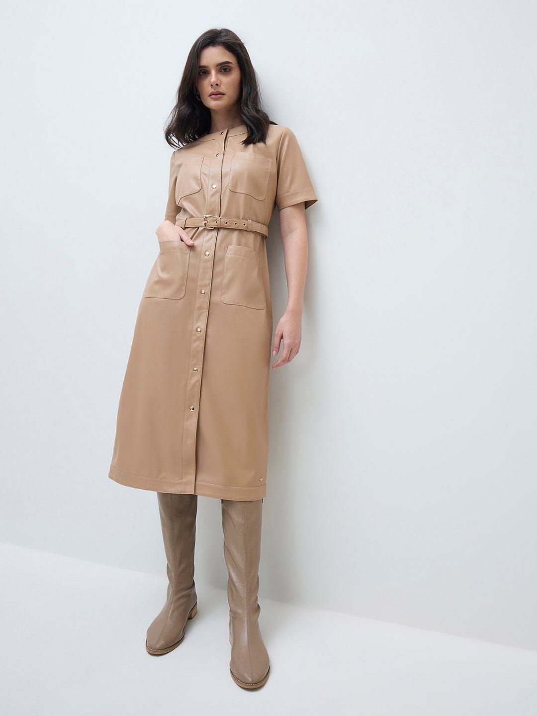 ELLE Women Beige Solid Crew Neck Dress