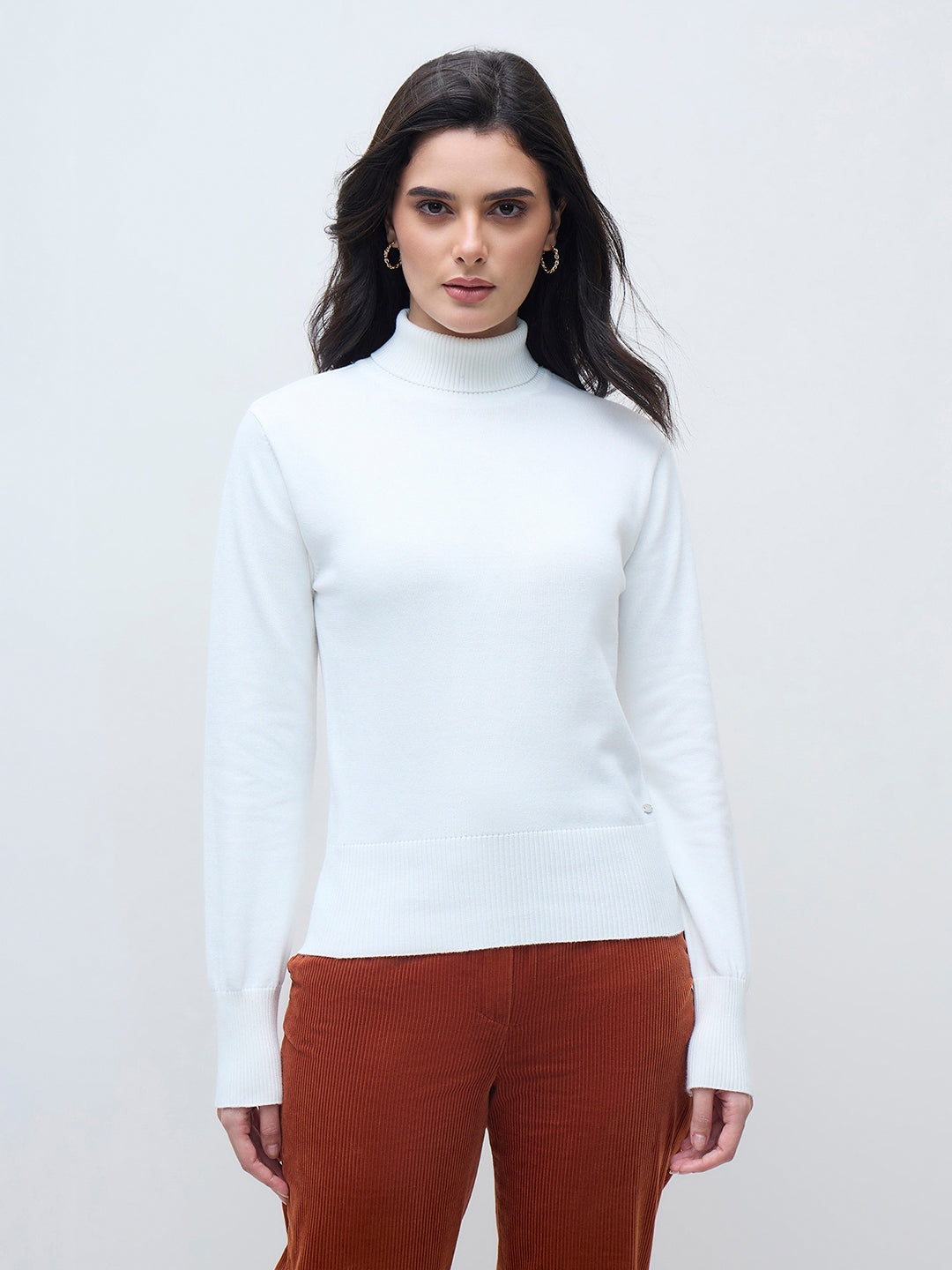 ELLE Women White Cotton Solid High Neck Rib Sweater