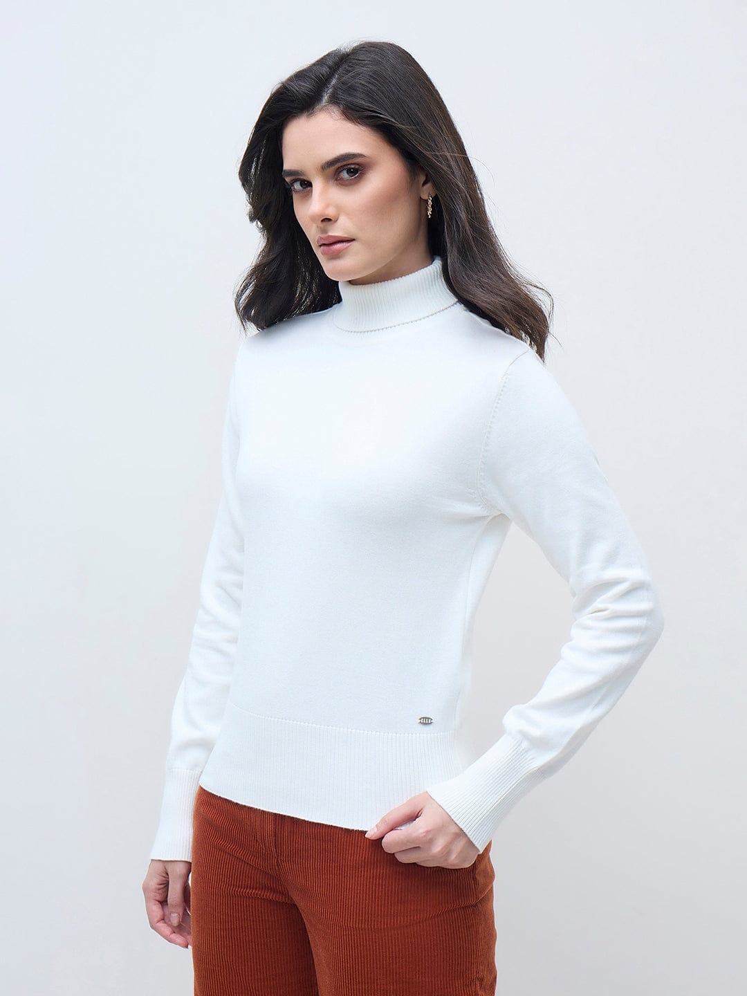ELLE Women White Cotton Solid High Neck Rib Sweater