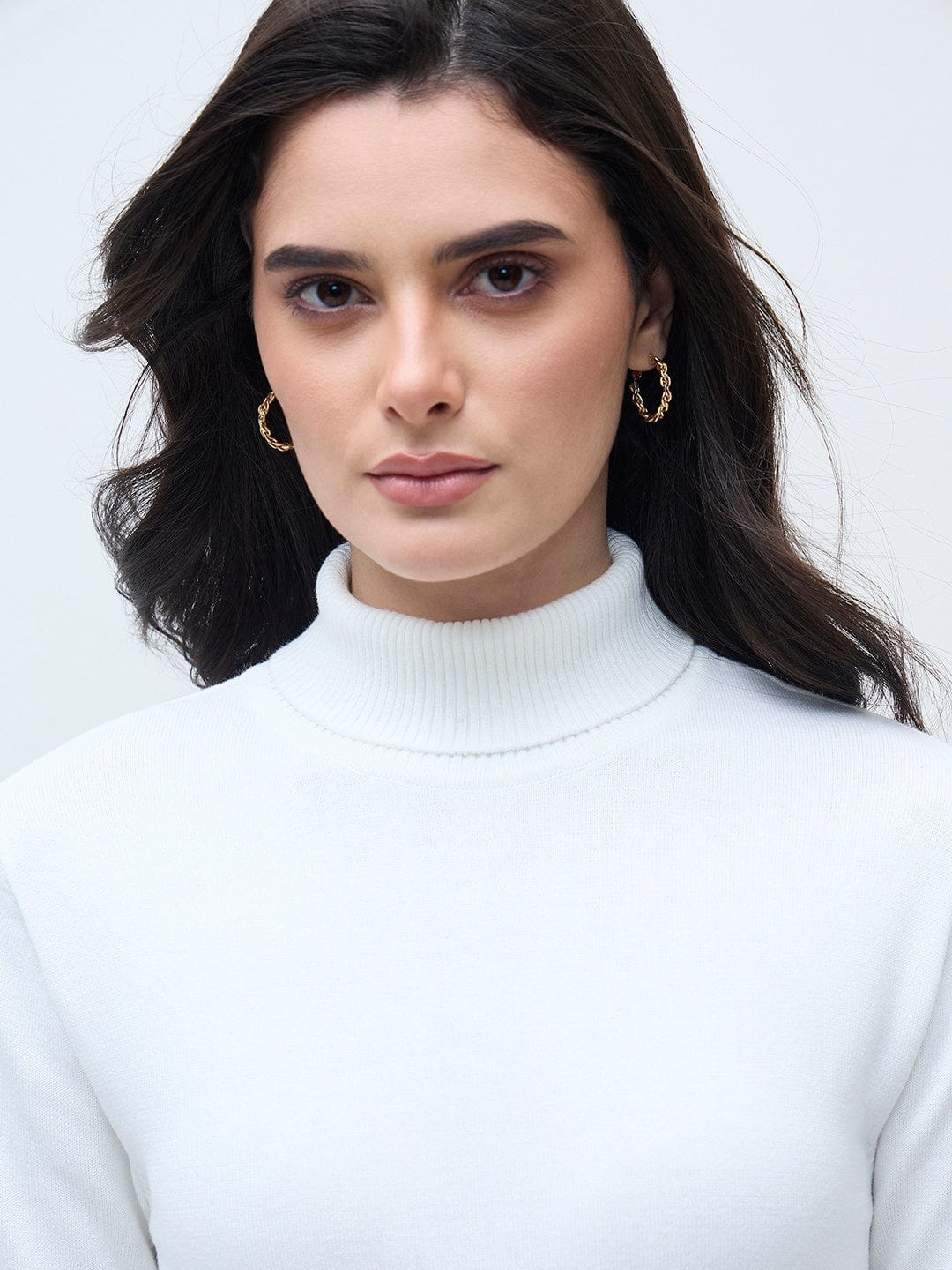 ELLE Women White Cotton Solid High Neck Rib Sweater