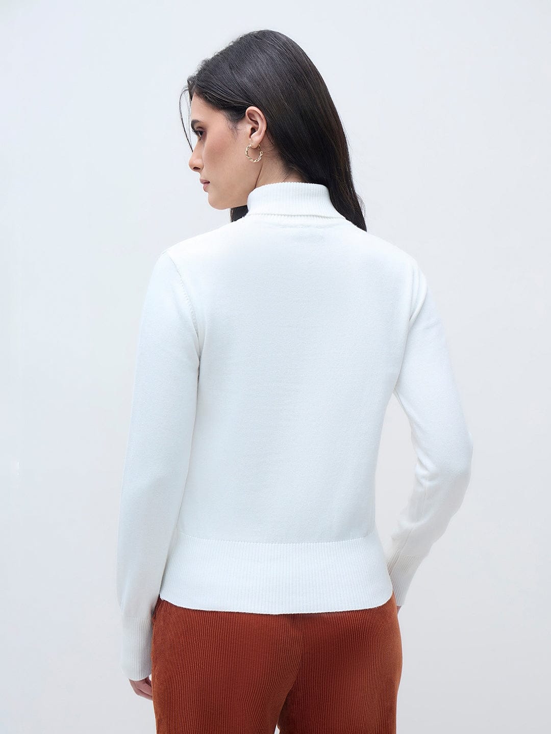 ELLE Women White Cotton Solid High Neck Rib Sweater