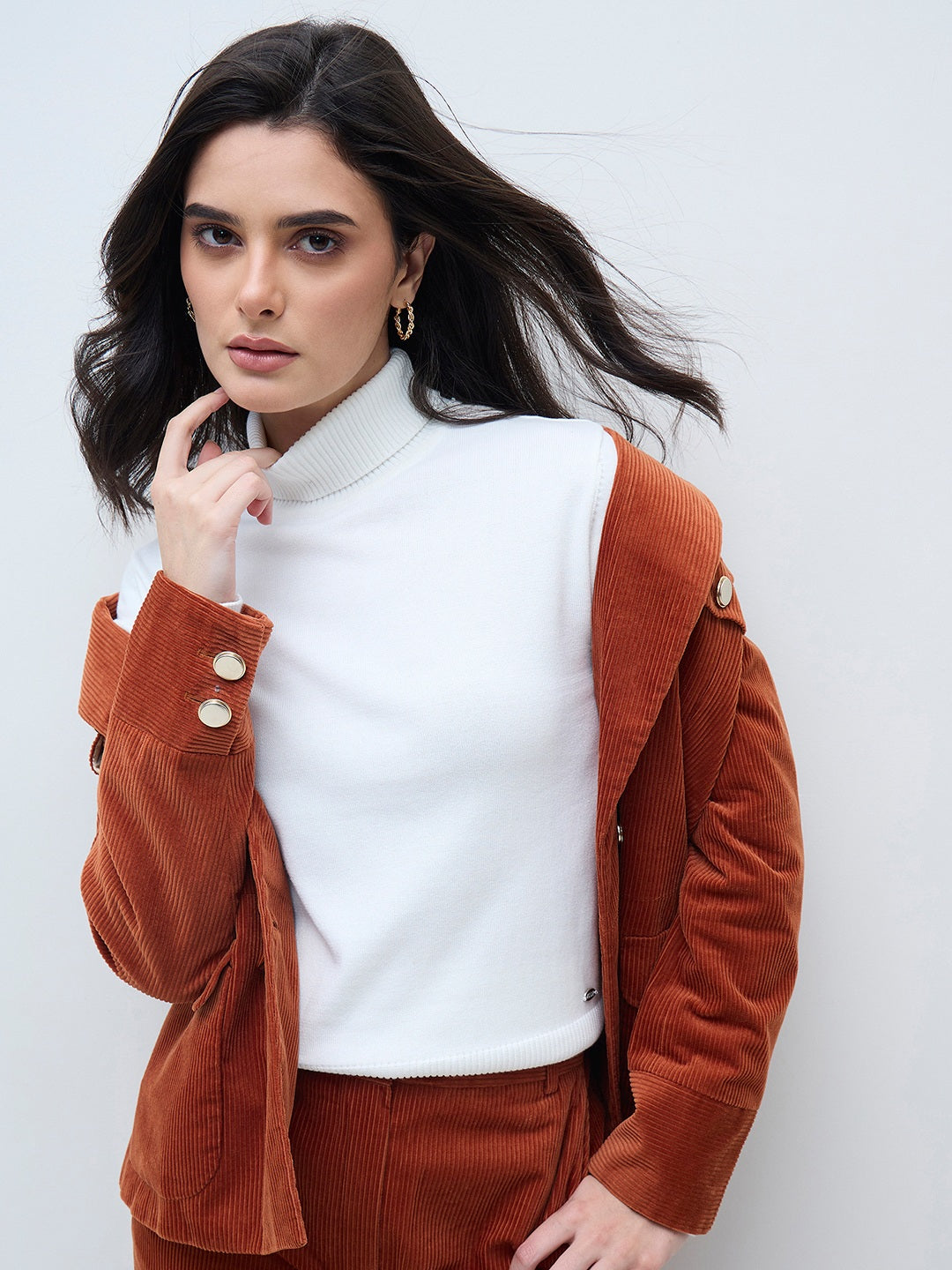 ELLE Women White Cotton Solid High Neck Rib Sweater