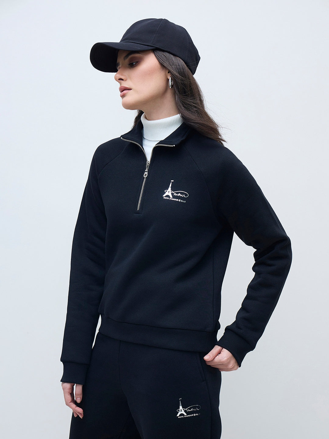 ELLE Women Black Branded Artwork Solid Sweatshirt