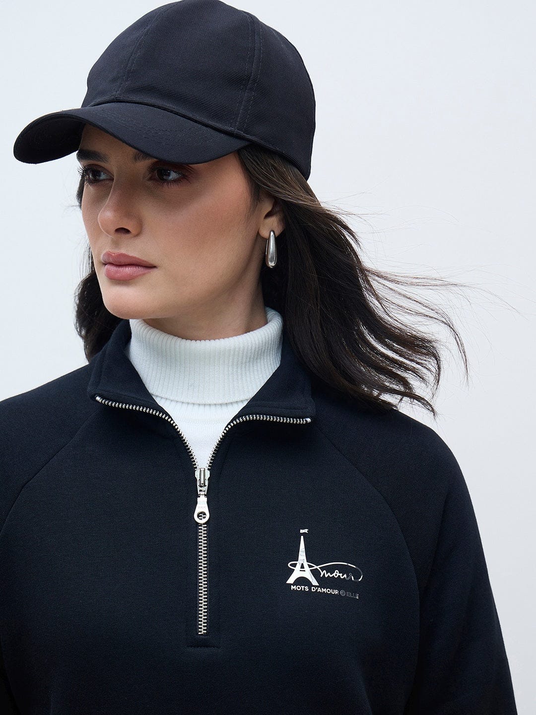 ELLE Women Black Branded Artwork Solid Sweatshirt