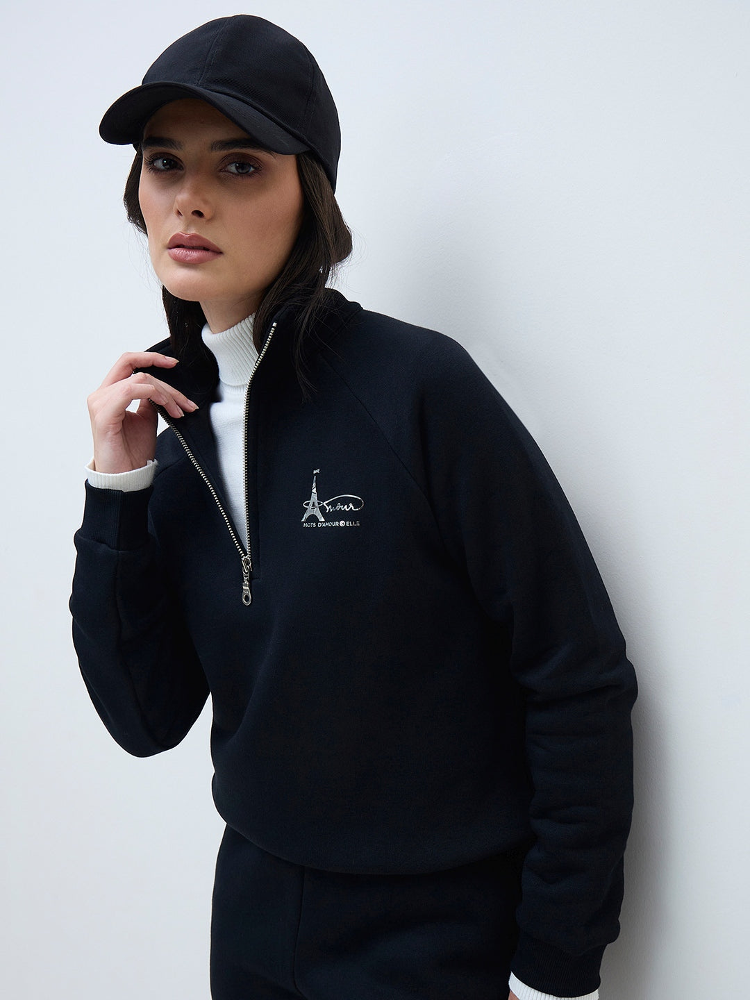 ELLE Women Black Branded Artwork Solid Sweatshirt