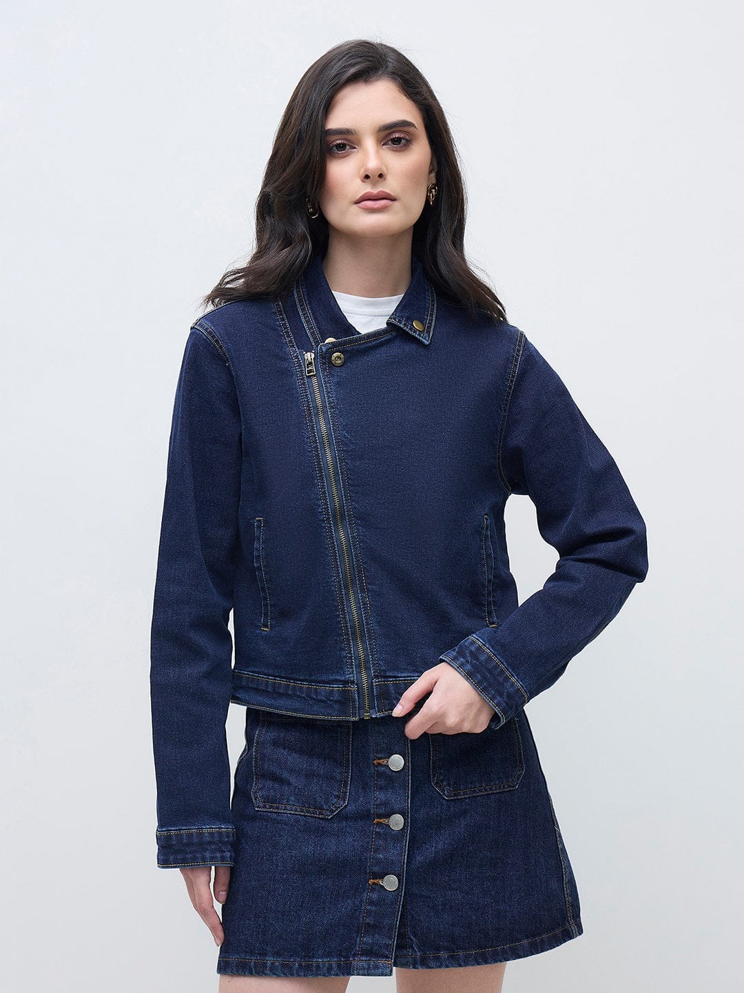 ELLE Women Navy Blue Solid Band Neck Denim Jacket
