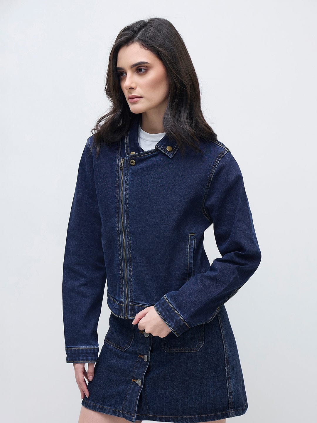 ELLE Women Navy Blue Solid Band Neck Denim Jacket