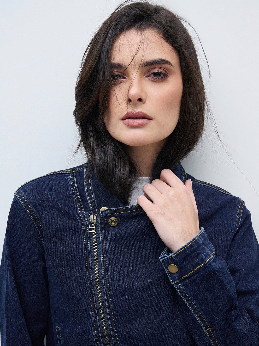 ELLE Women Navy Blue Solid Band Neck Denim Jacket