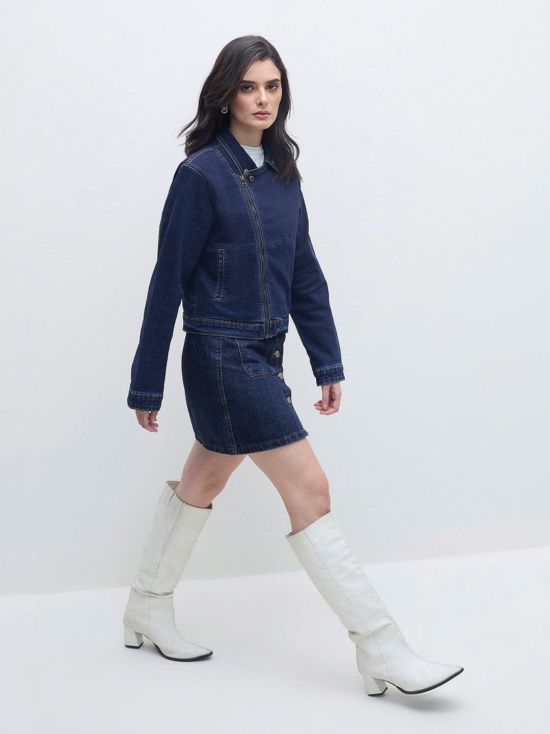 ELLE Women Navy Blue Solid Band Neck Denim Jacket