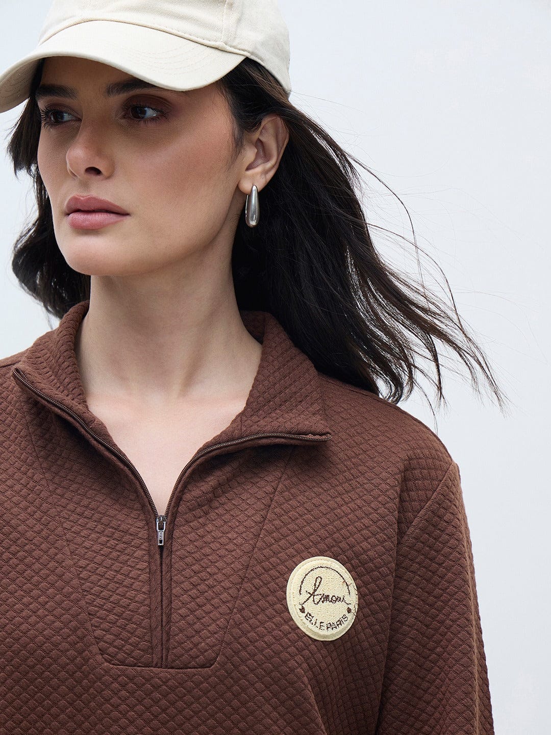 ELLE Women Brown Boucle Embroidery Solid Sweatshirt