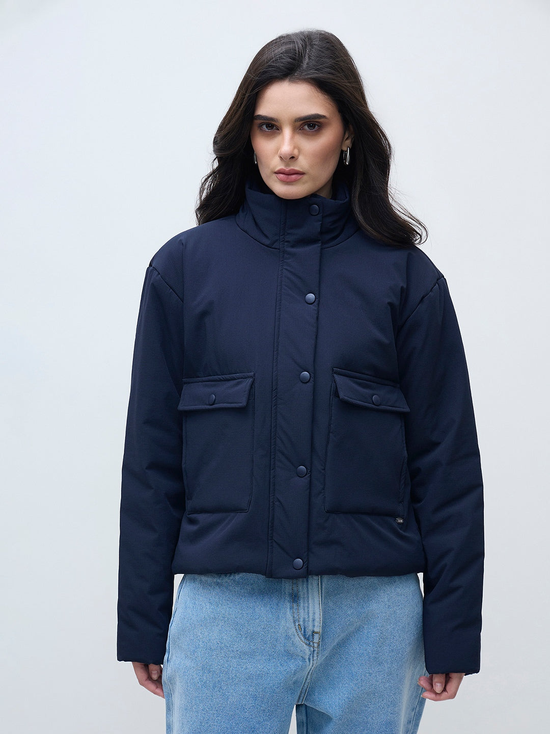 ELLE Women Navy Blue Solid Band Neck Jacket