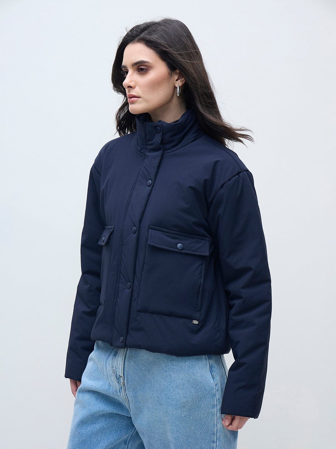 ELLE Women Navy Blue Solid Band Neck Jacket