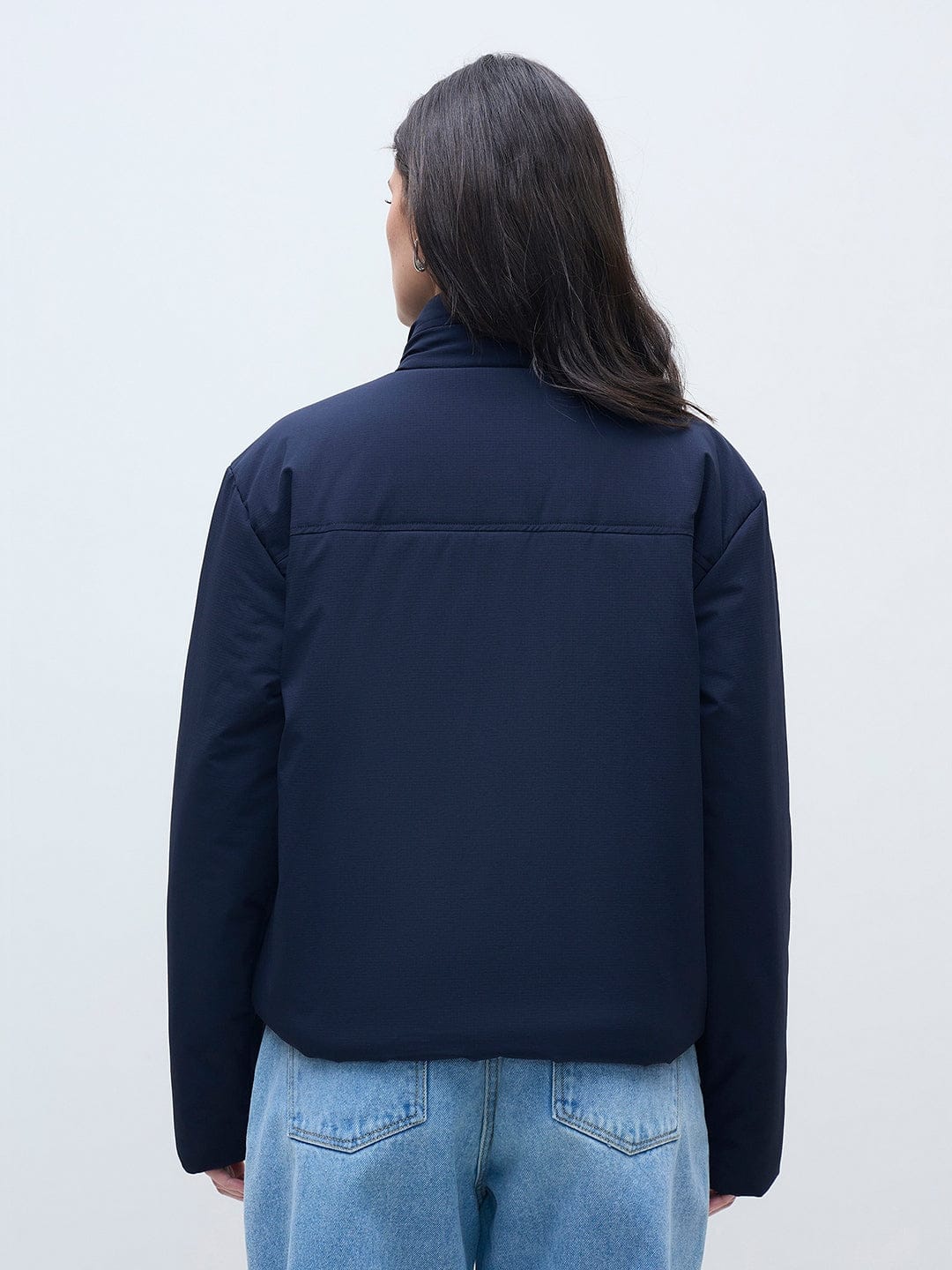 ELLE Women Navy Blue Solid Band Neck Jacket