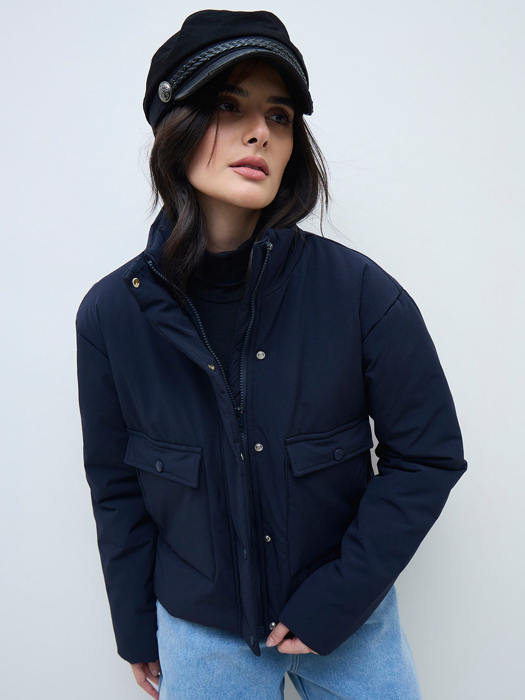 ELLE Women Navy Blue Solid Band Neck Jacket