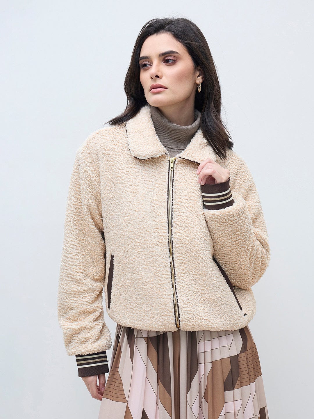 ELLE Women Cream Solid Shirt Collar Jacket