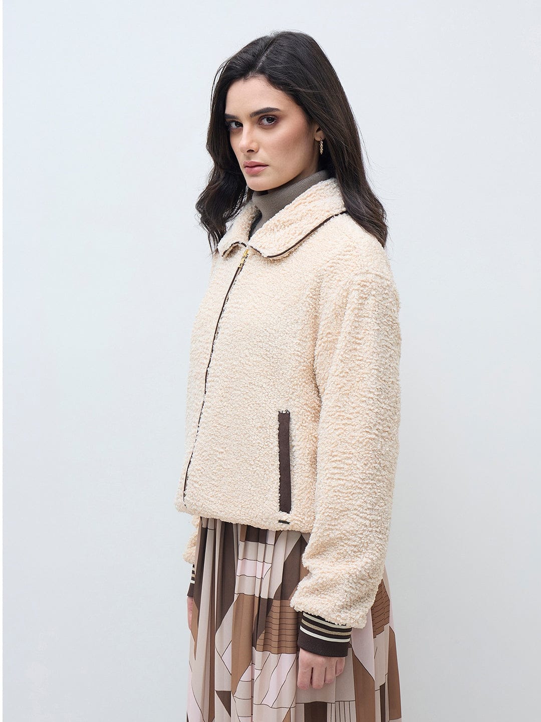 ELLE Women Cream Solid Shirt Collar Jacket