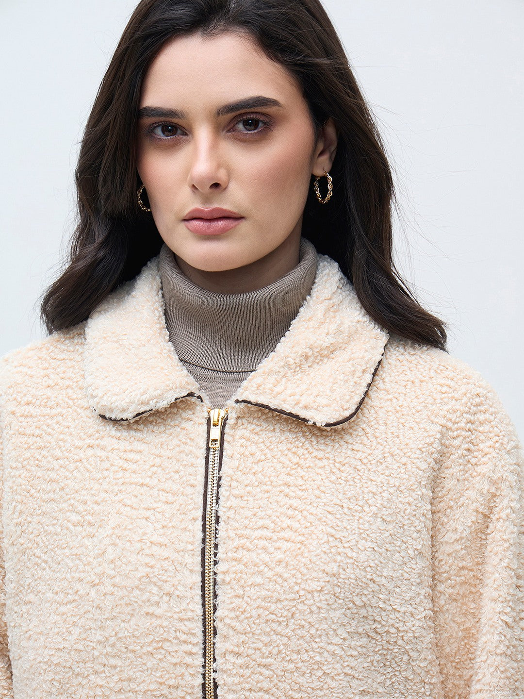 ELLE Women Cream Solid Shirt Collar Jacket