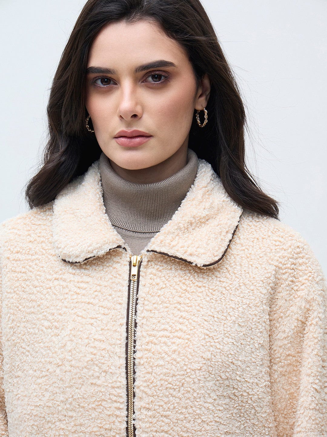 ELLE Women Cream Solid Shirt Collar Jacket