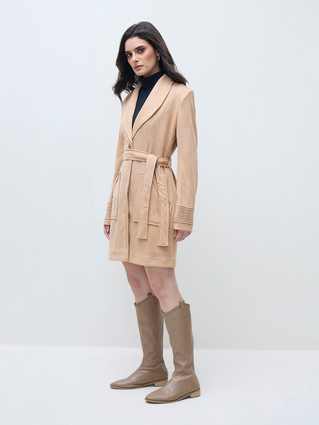 ELLE Women Brown Solid Overcoat