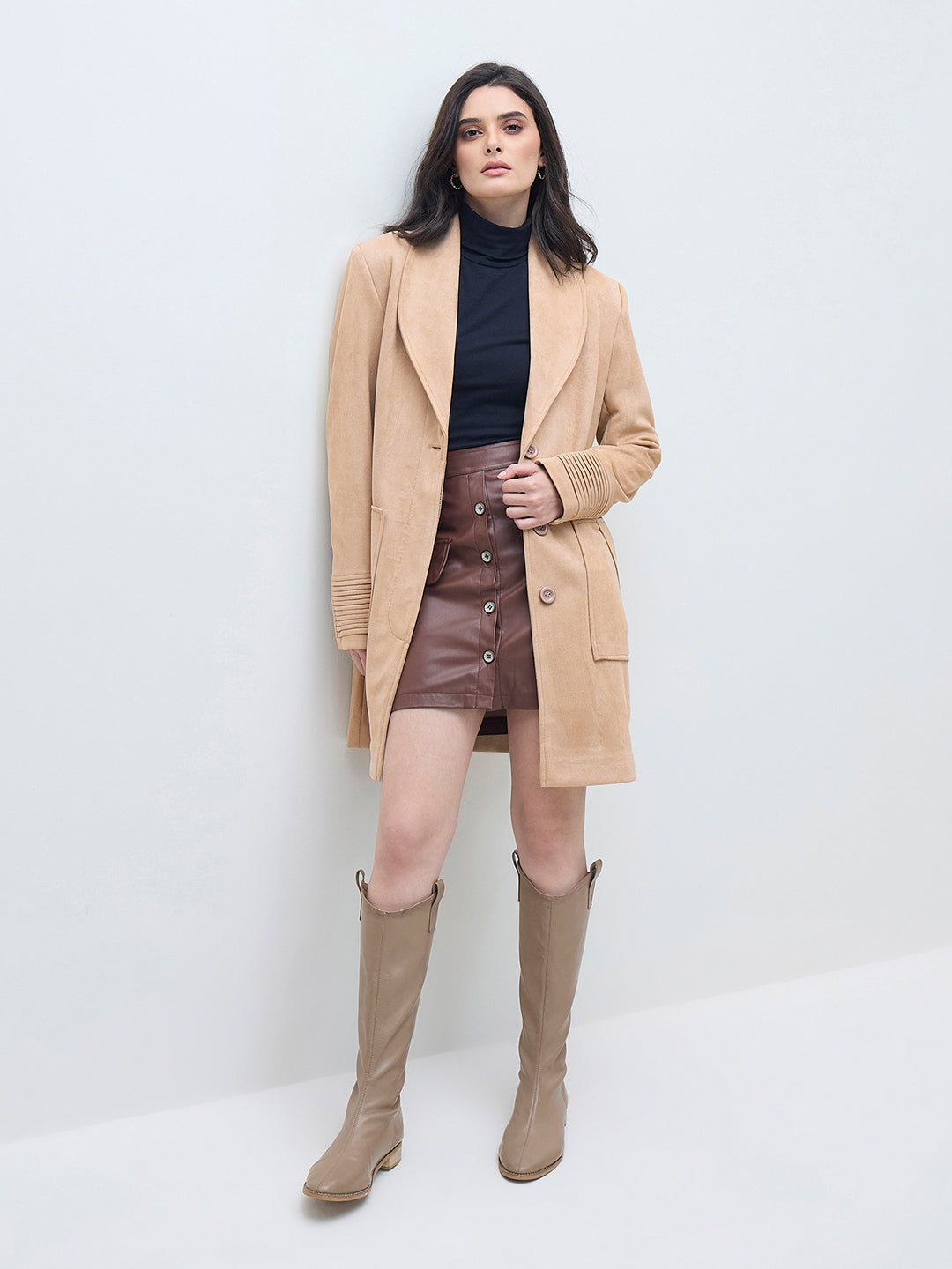 ELLE Women Brown Solid Overcoat