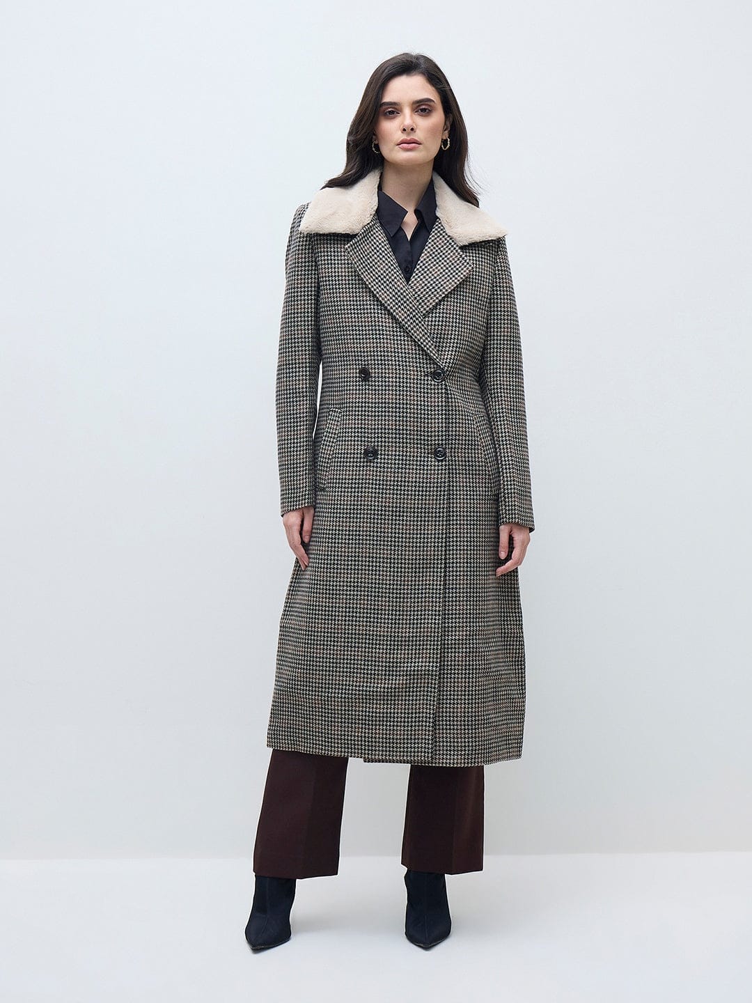 ELLE Women Black Checks Overcoat