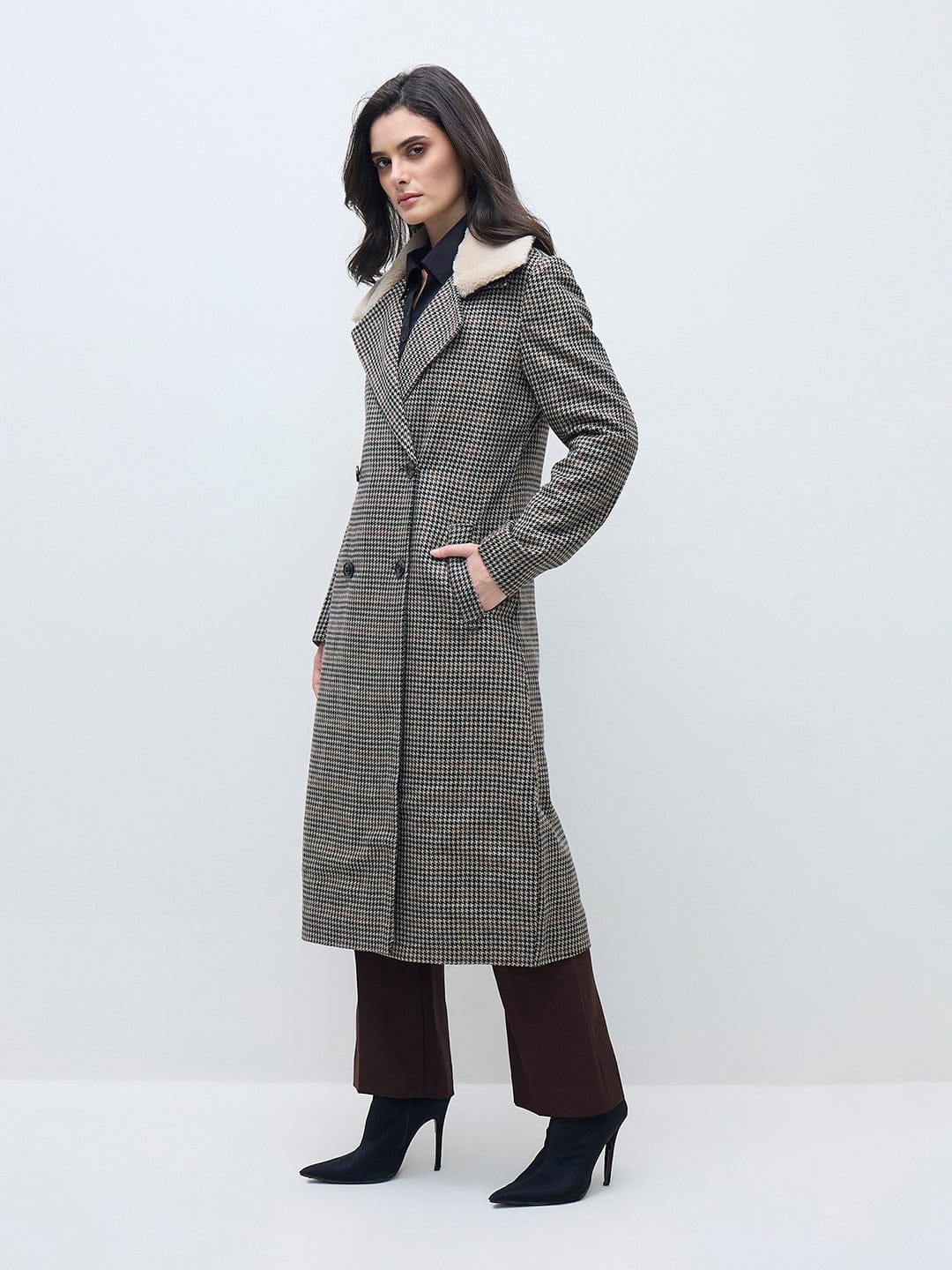 ELLE Women Black Checks Overcoat