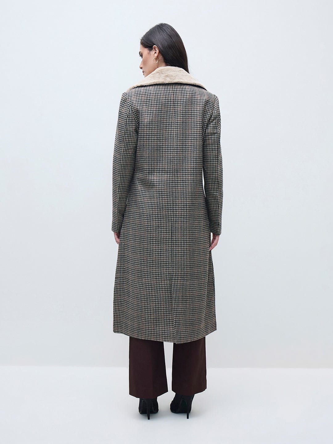 ELLE Women Black Checks Overcoat
