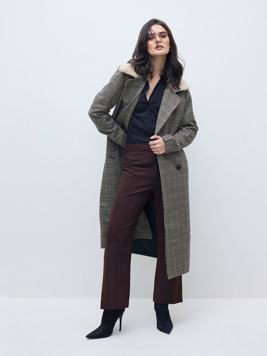ELLE Women Black Checks Overcoat