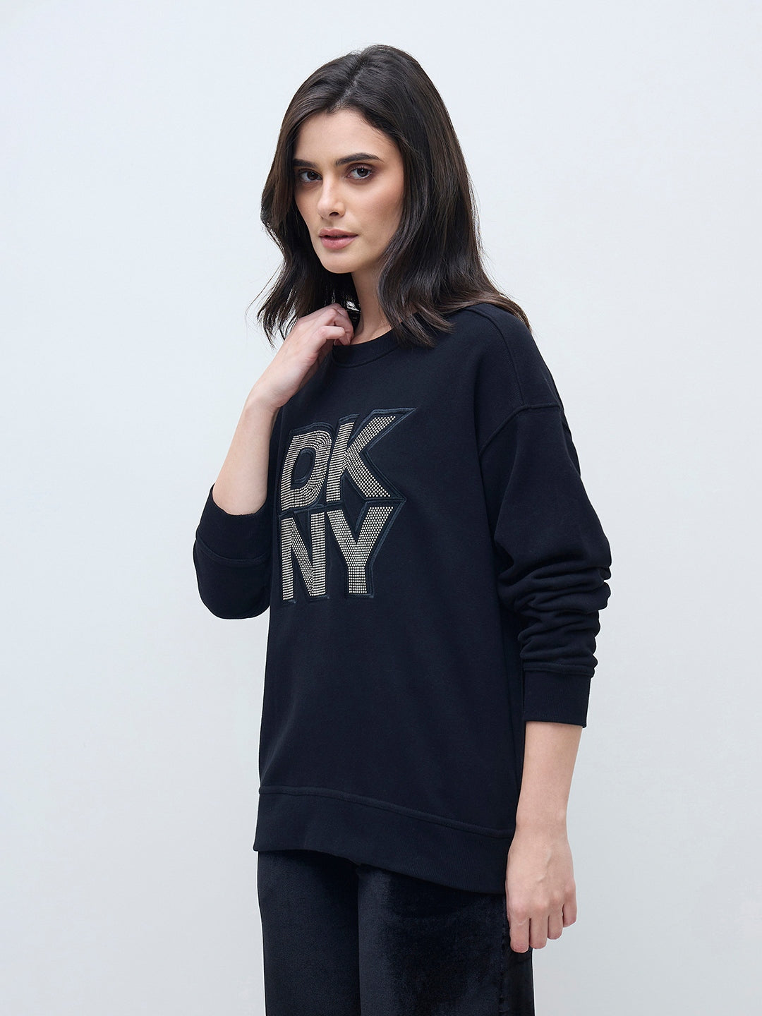 DKNY Women Black Applique Logo Sweatshirt