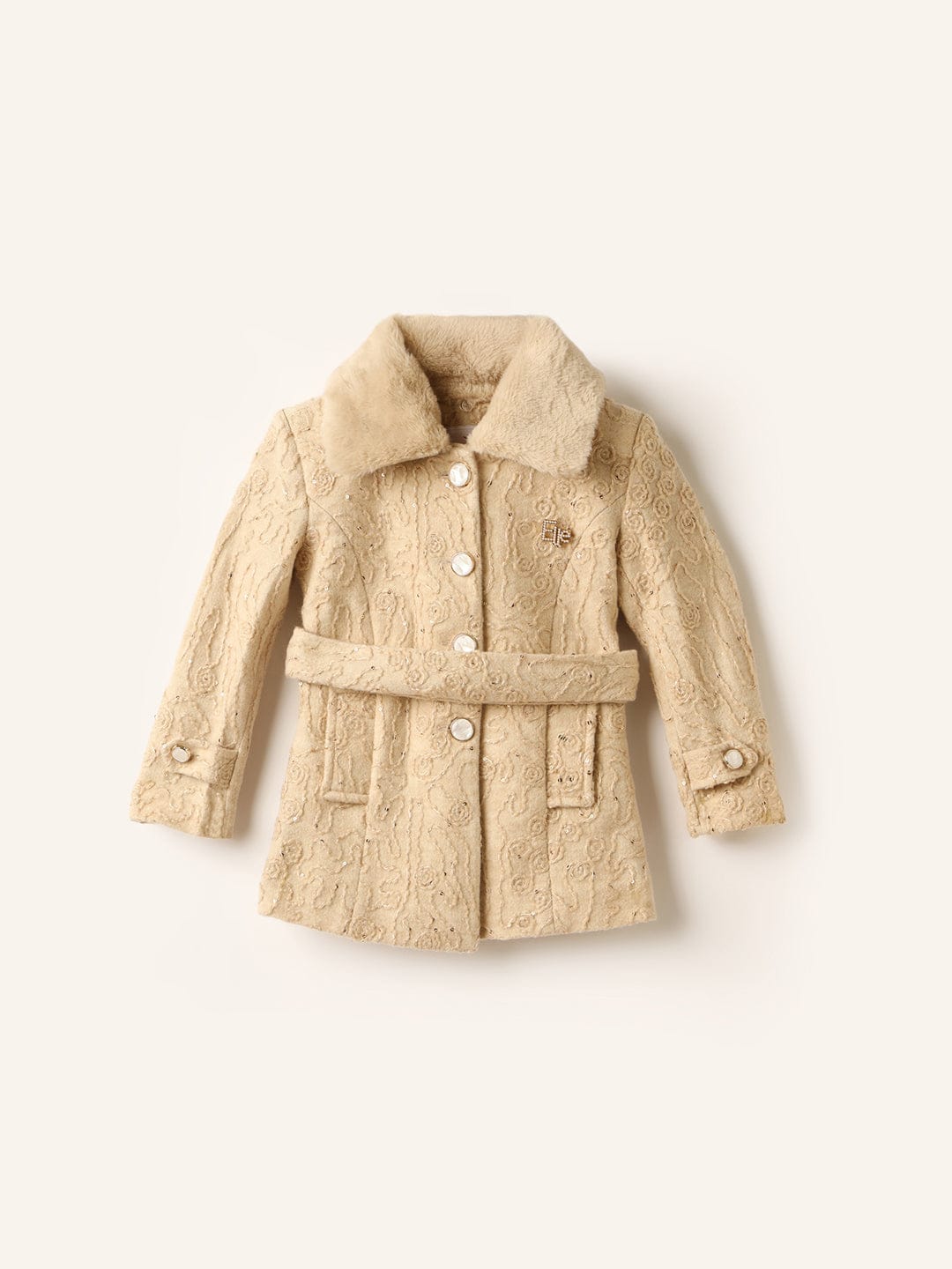 ELLE Girls Beige Regular Fit Knotch Collar Overcoat