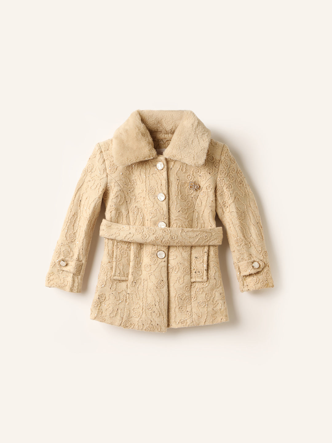 ELLE Girls Beige Regular Fit Knotch Collar Overcoat