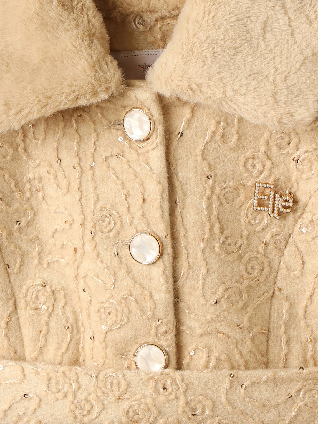ELLE Girls Beige Regular Fit Knotch Collar Overcoat