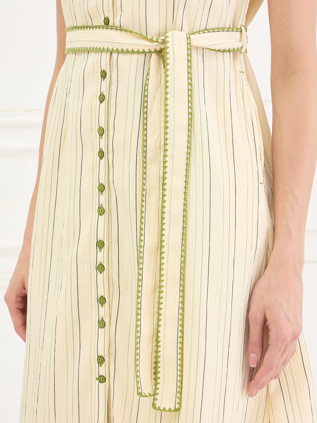 Elle Women Yellow Striped V-Neck Dress