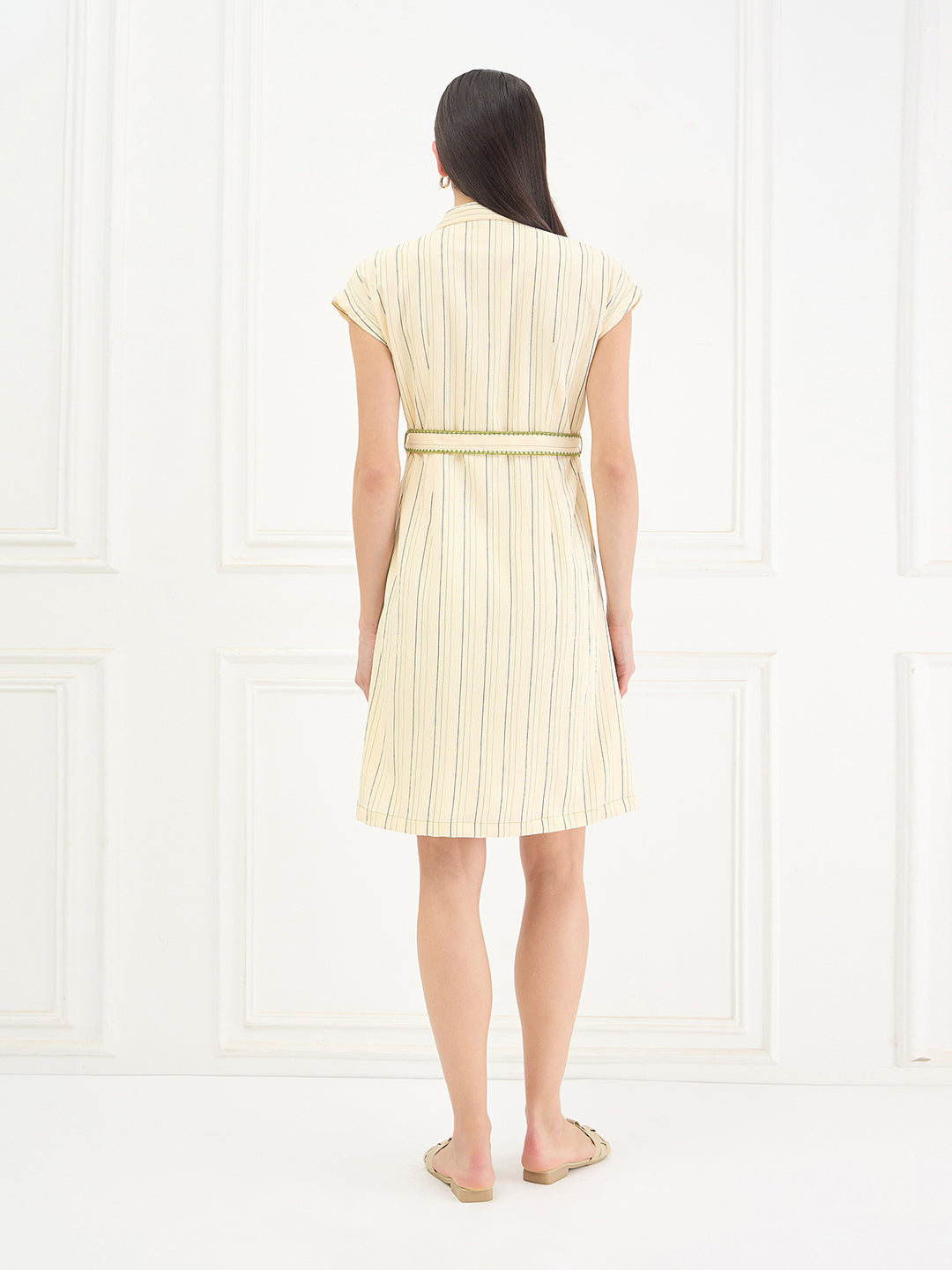 Elle Women Yellow Striped V-Neck Dress