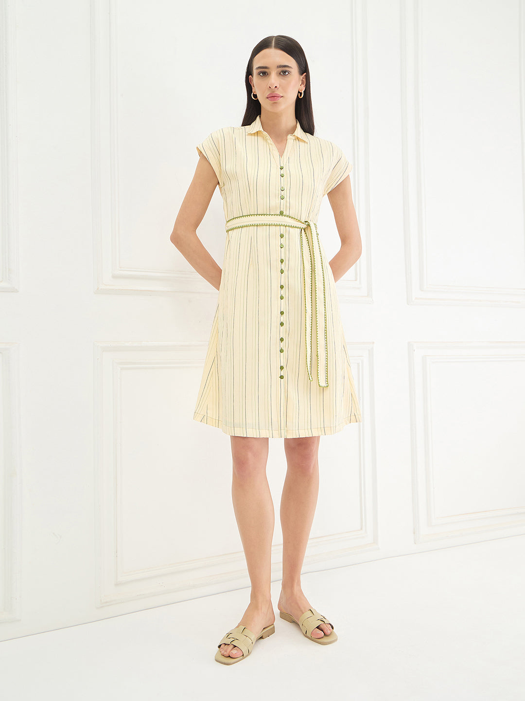 Elle Women Yellow Striped V-Neck Dress