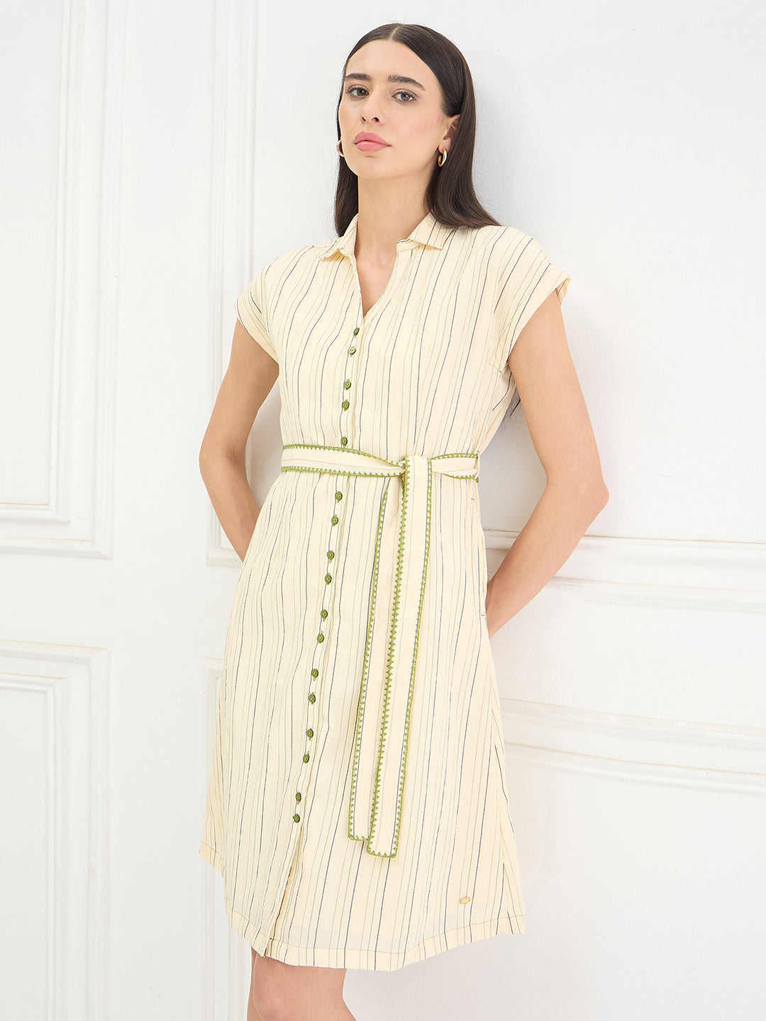 Elle Women Yellow Striped V-Neck Dress