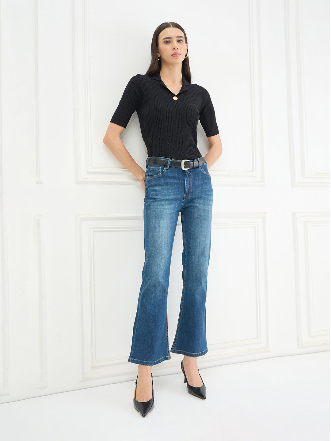 Elle Women Black Solid Relaxed Fit Pure Cotton Top