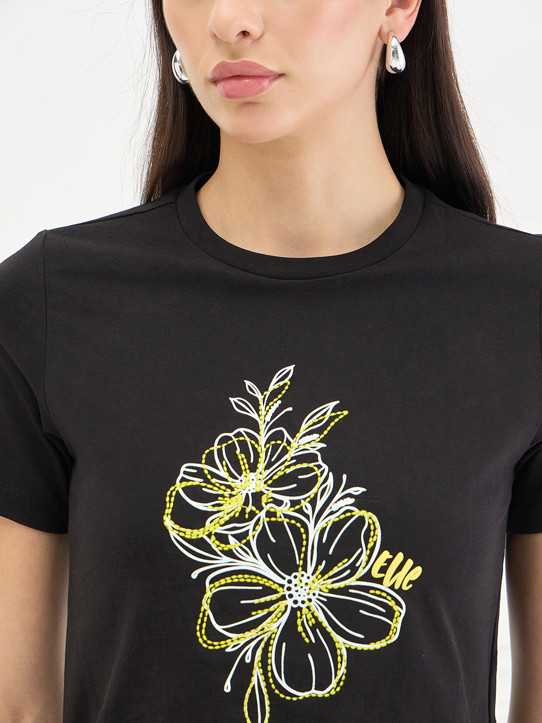 Elle Women Cotton Black Floral T-Shirt