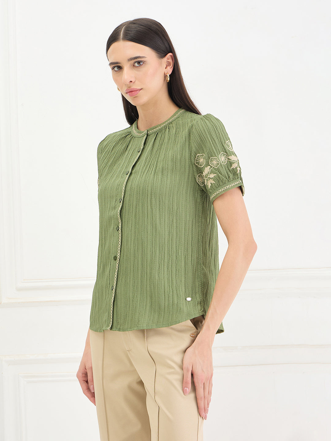 Elle Women GREEN Solid Relaxed Fit Top