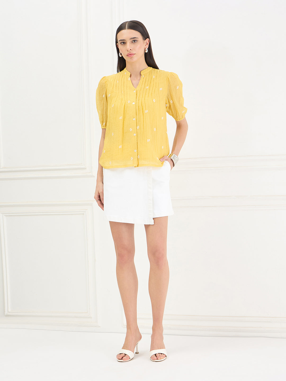 Elle Women Yellow Embroidered Relaxed Fit Top
