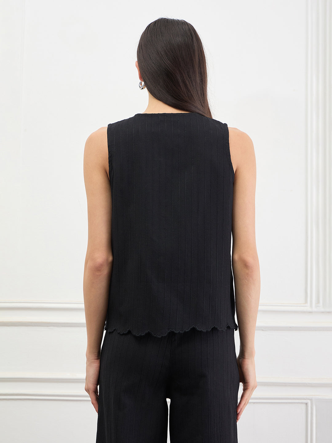 Elle Women Black Solid Straight Fit Pure Cotton Top