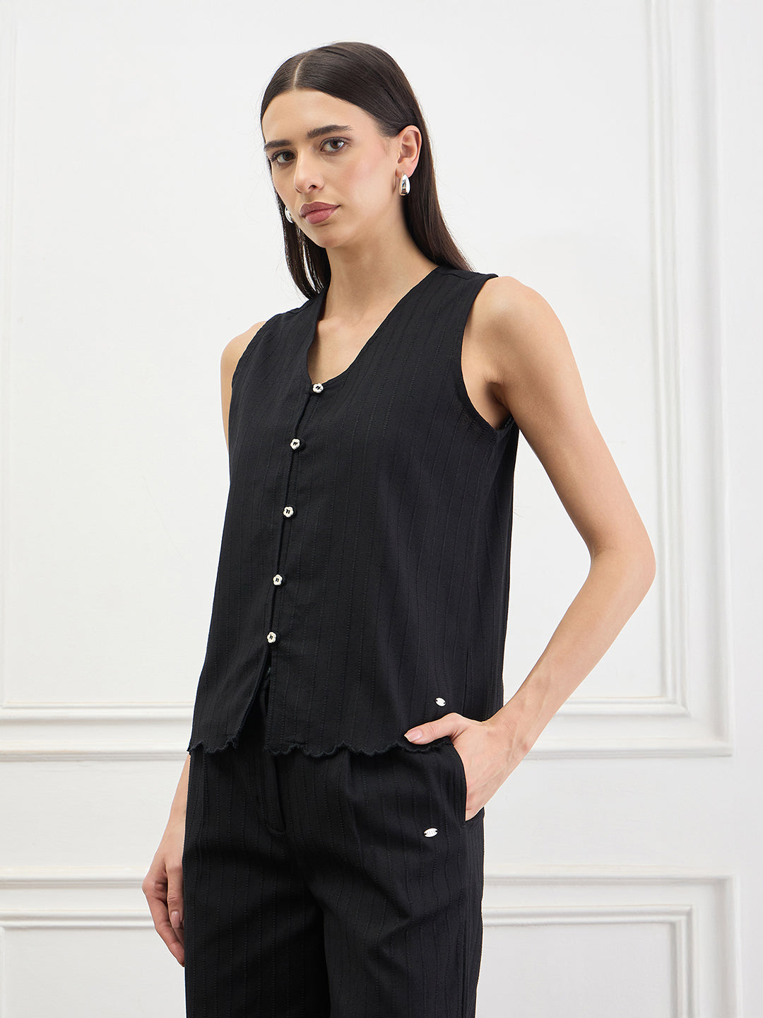 Elle Women Black Solid Straight Fit Pure Cotton Top