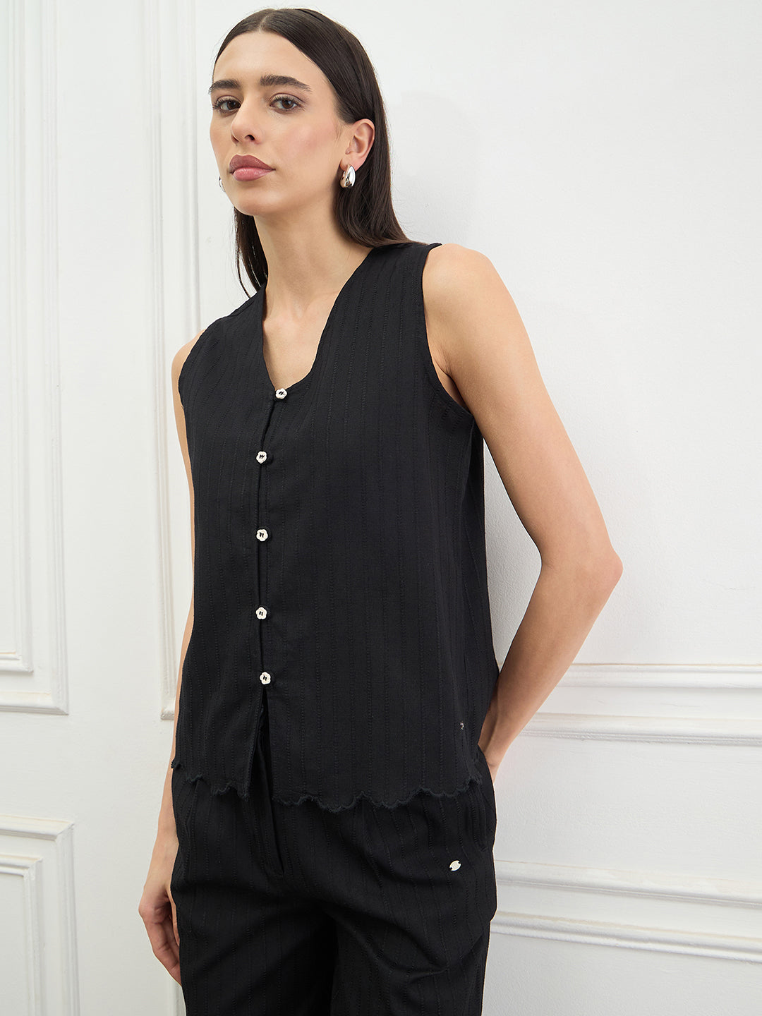 Elle Women Black Solid Straight Fit Pure Cotton Top