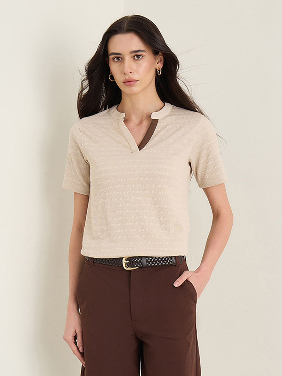 Iconic Women Beige Textured Regular Fit T-Shirt