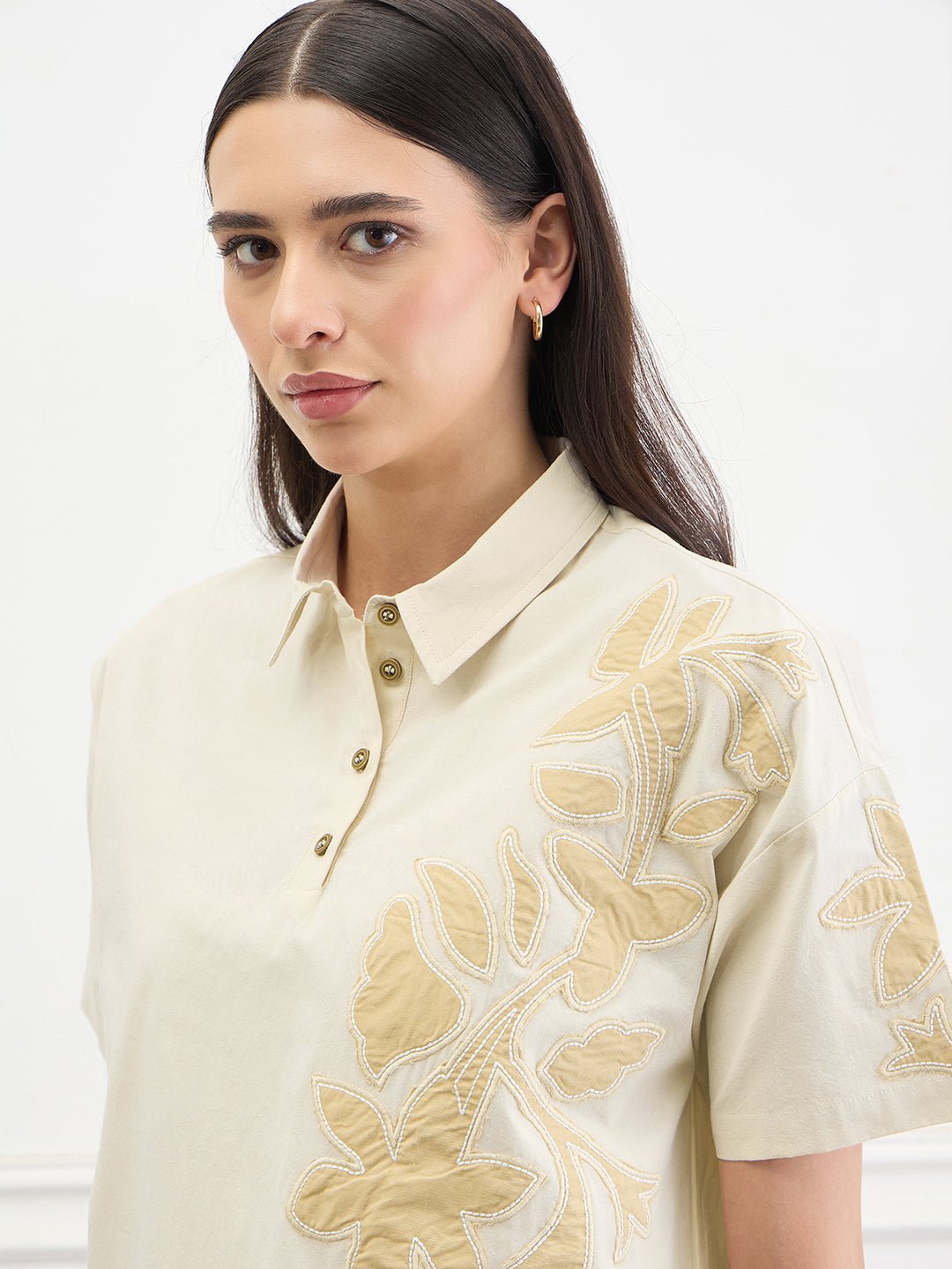 ICONIC Women Cotton Beige Floral Top