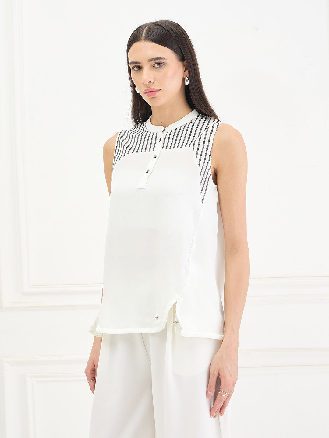 Iconic Women White Striped Loose Fit Top