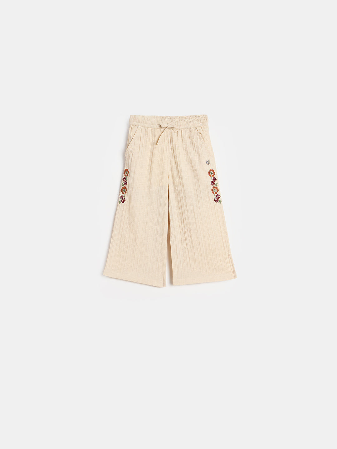 Blue Giraffe Girls Cream Embroidered Regular Fit Trouser